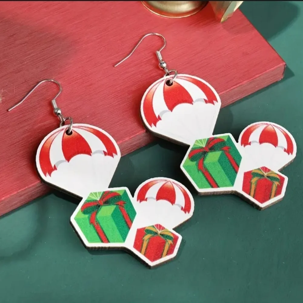 Festive Christmas Parachute Gifts Presents Wooden Womens Dangle Drop Earrings‎